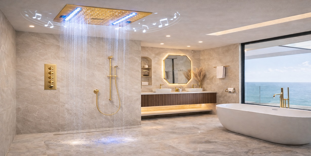 Fontana Cuenca gold LED shower head in a contemporary shower setting